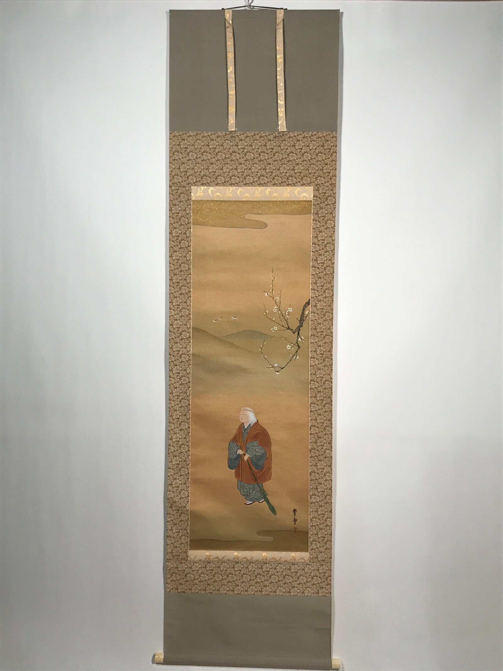 Japanese Hanging Scroll Vtg Old Woman Broom Takasago Kakejiku SC942