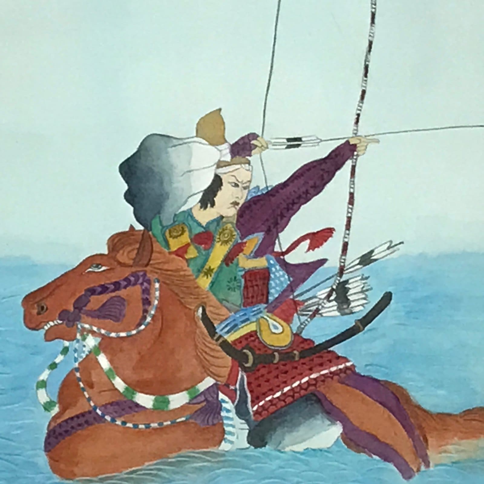 Japanese Hanging Scroll Vtg Samurai Bow Horse Sea Yabusame Color Kakejiku SC896