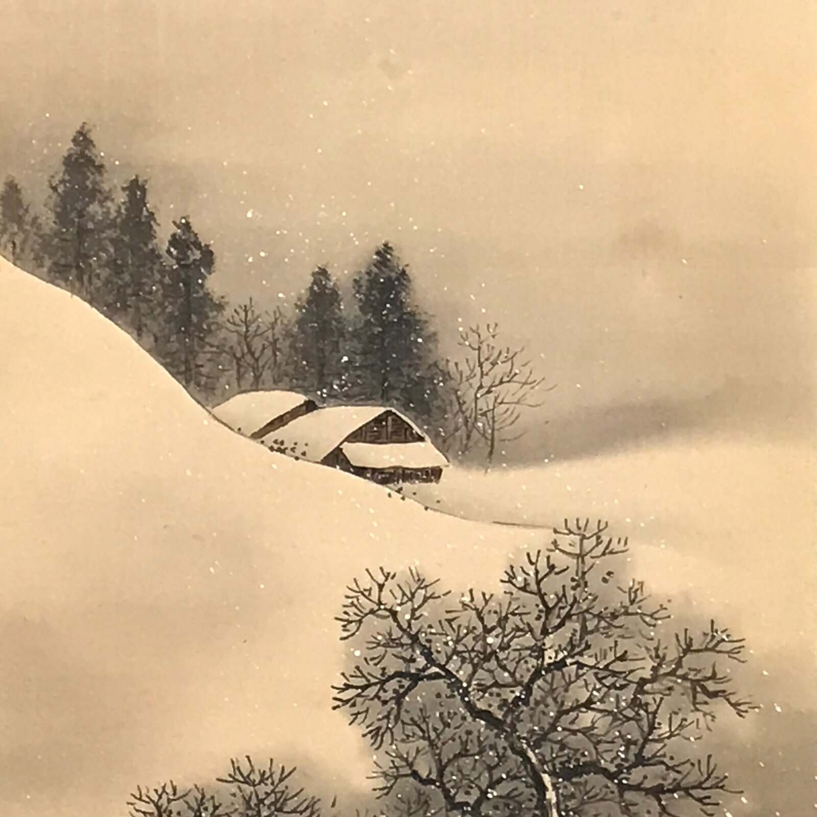 Japanese Hanging Scroll Vtg Snow Mountain Houses Winter Sansui Kakejiku SC820
