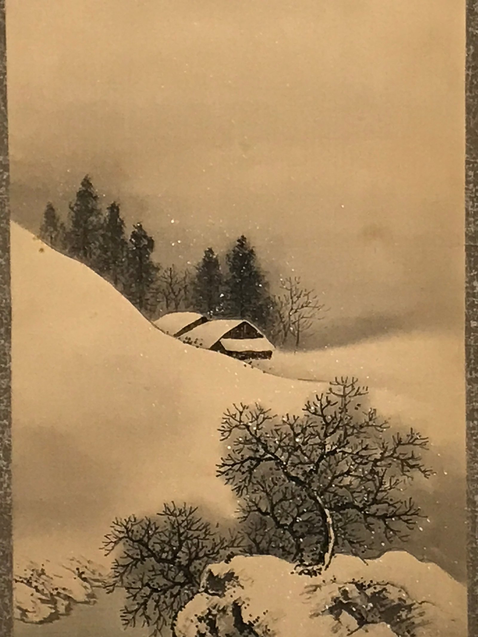Japanese Hanging Scroll Vtg Snow Mountain Houses Winter Sansui Kakejiku SC820