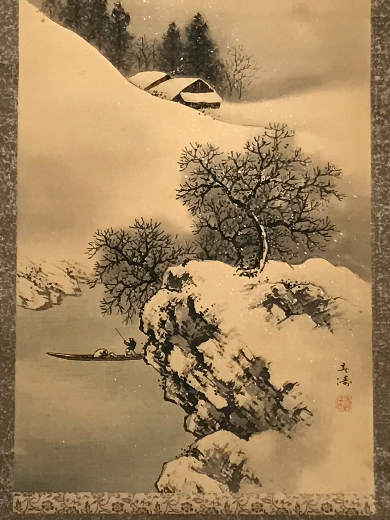 Japanese Hanging Scroll Vtg Snow Mountain Houses Winter Sansui Kakejiku SC820