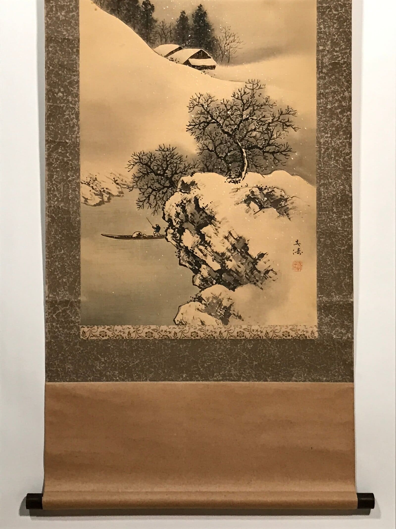 Japanese Hanging Scroll Vtg Snow Mountain Houses Winter Sansui Kakejiku SC820