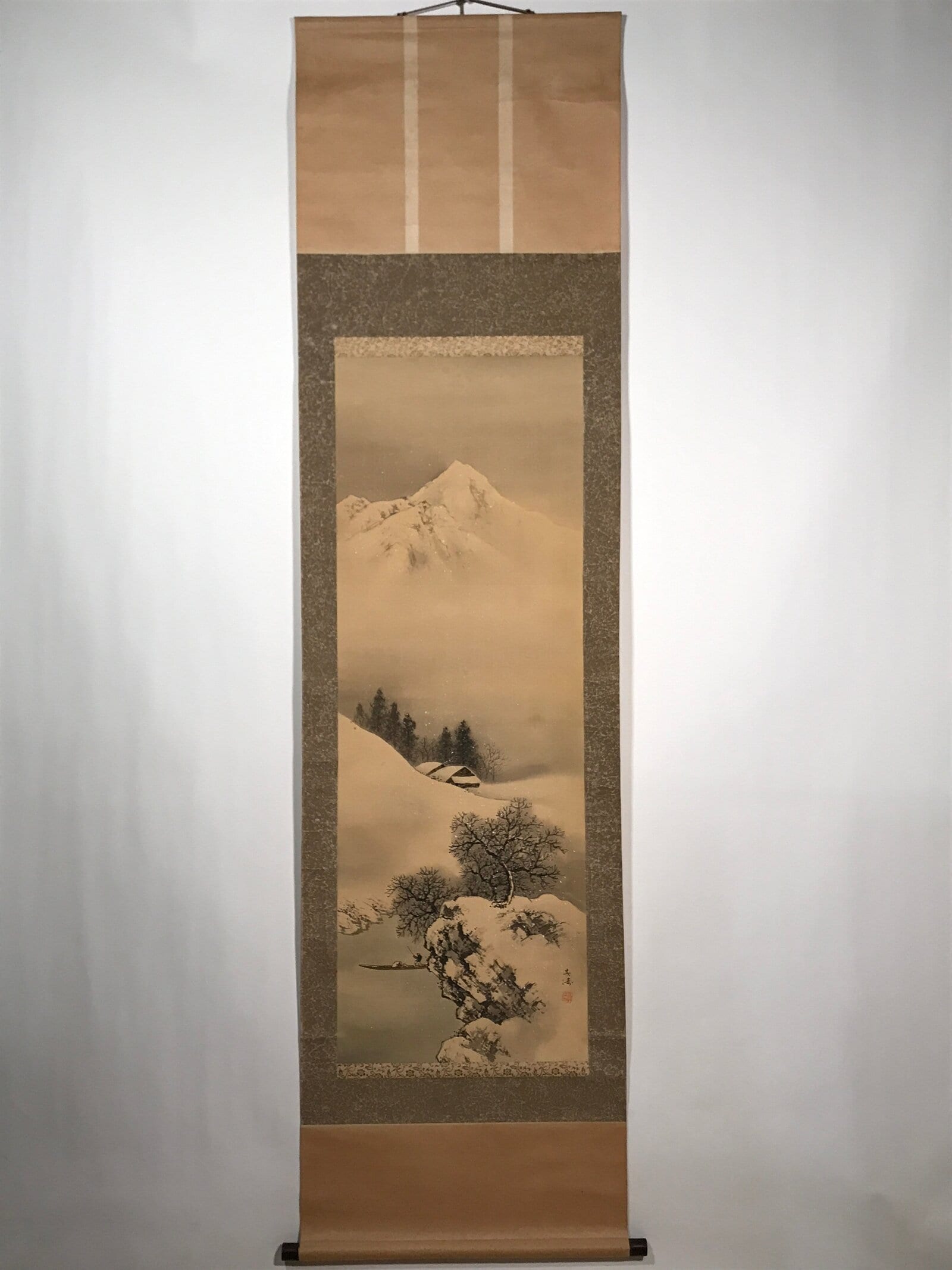 Japanese Hanging Scroll Vtg Snow Mountain Houses Winter Sansui Kakejiku SC820