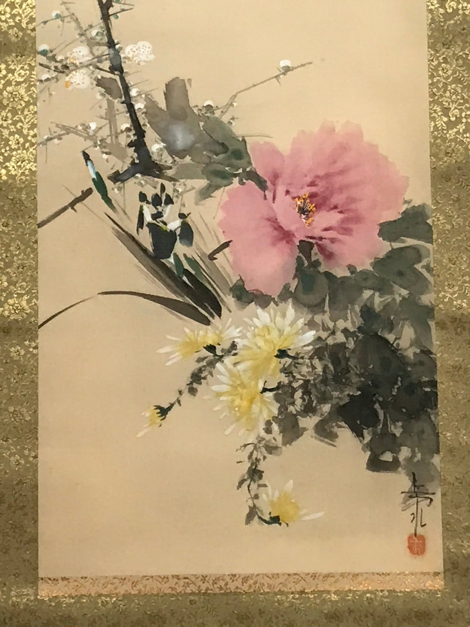 Japanese Hanging Scroll Vtg Three Flowers Pink Yellow White Kakejiku SC852