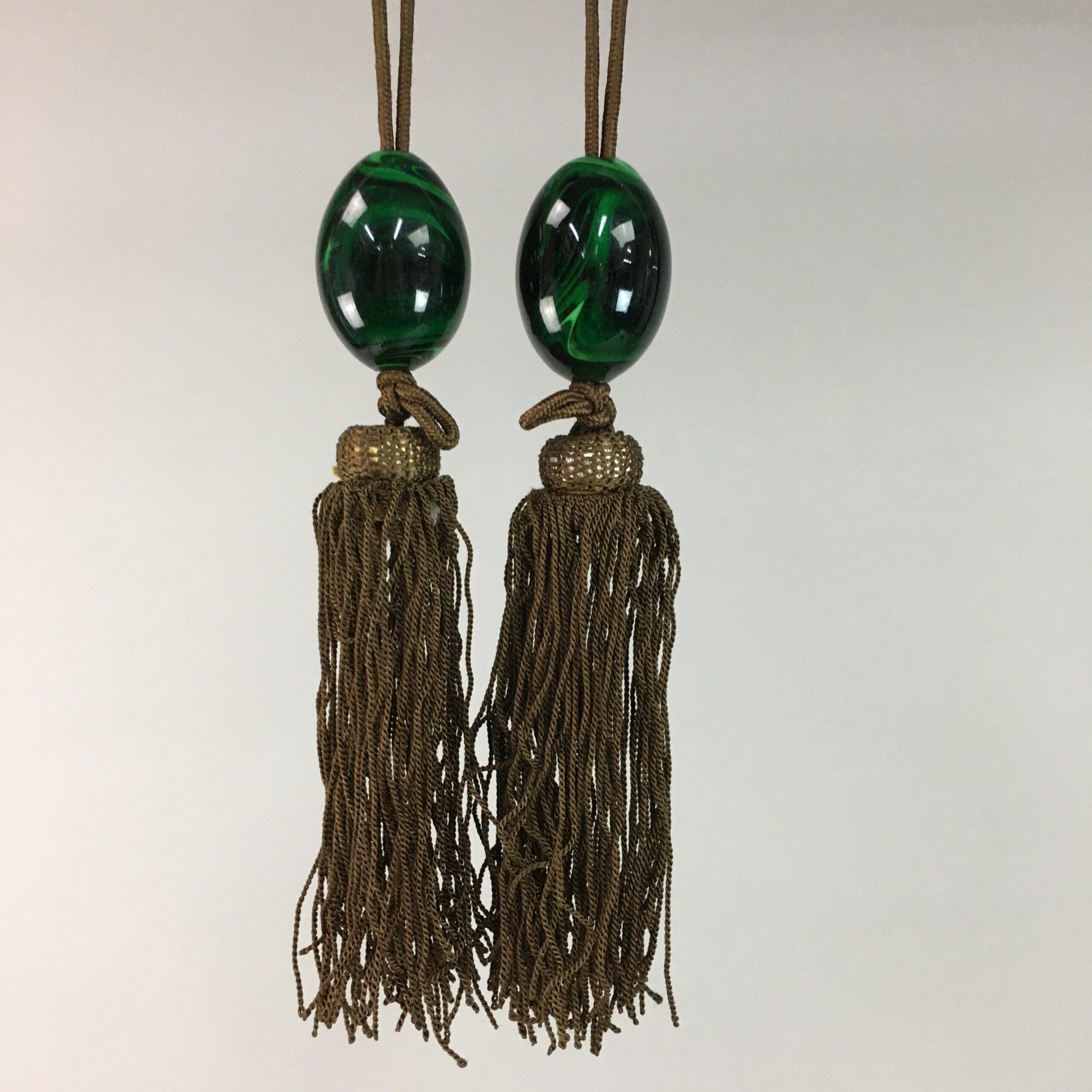 Japanese Hanging Scroll Weights Vtg Fuchin Marble Stone Brown Tassel FC207