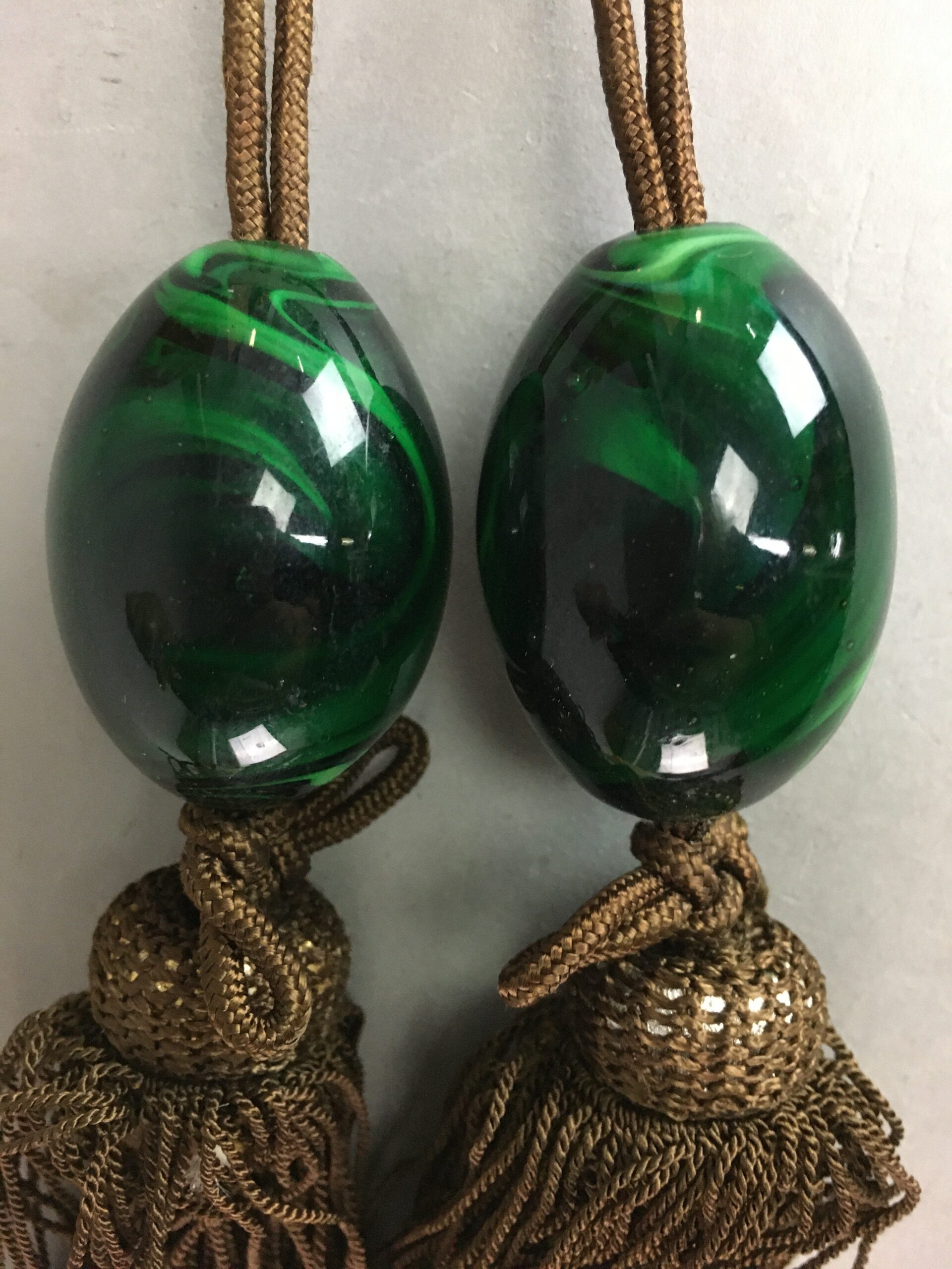 Japanese Hanging Scroll Weights Vtg Fuchin Marble Stone Brown Tassel FC207