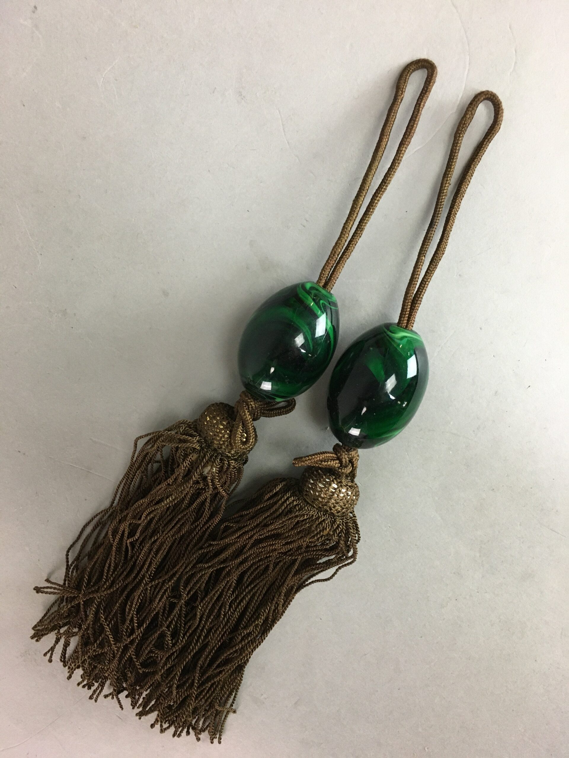 Japanese Hanging Scroll Weights Vtg Fuchin Marble Stone Brown Tassel FC207