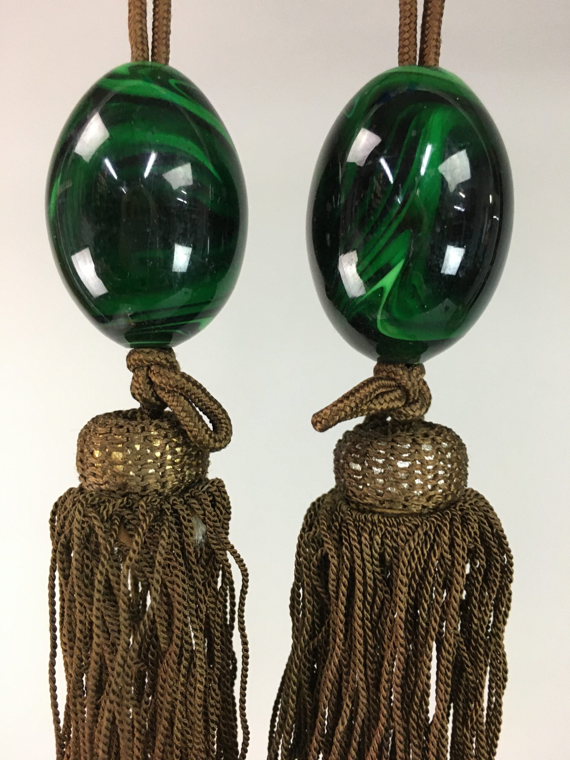 Japanese Hanging Scroll Weights Vtg Fuchin Marble Stone Brown Tassel FC207