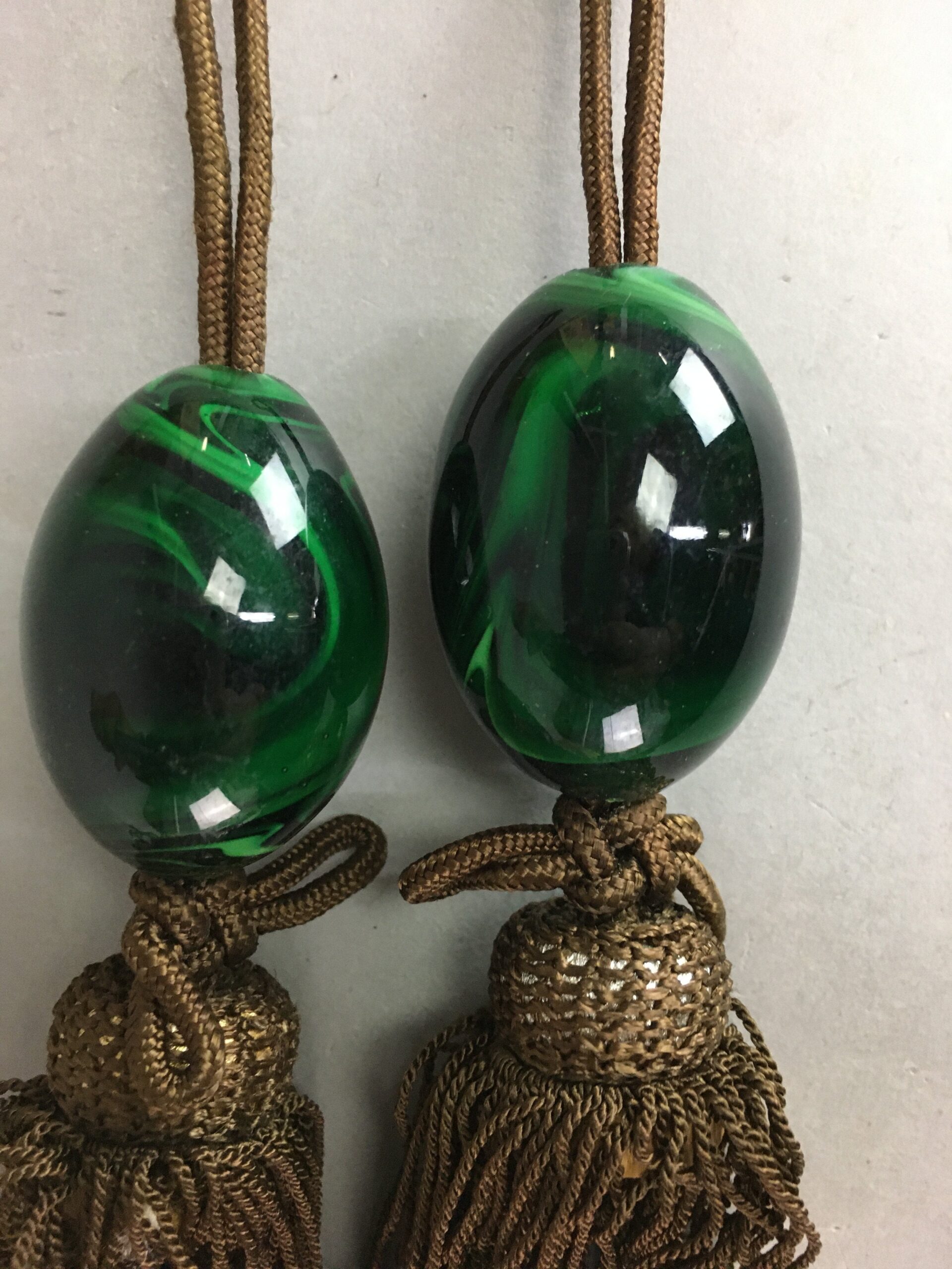 Japanese Hanging Scroll Weights Vtg Fuchin Marble Stone Brown Tassel FC207