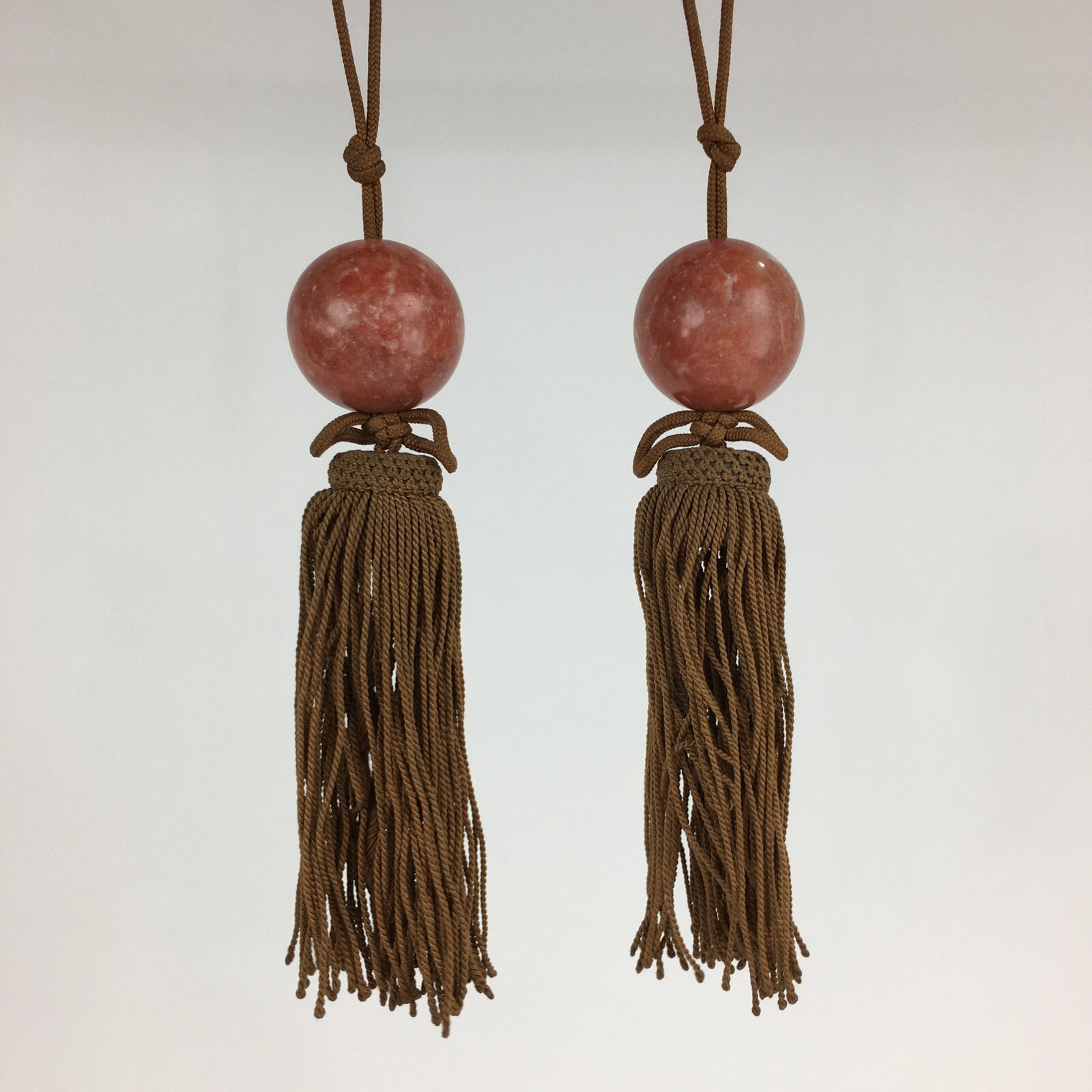 Japanese Hanging Scroll Weights Vtg Fuchin Marble Stone Brown Tassel FC288