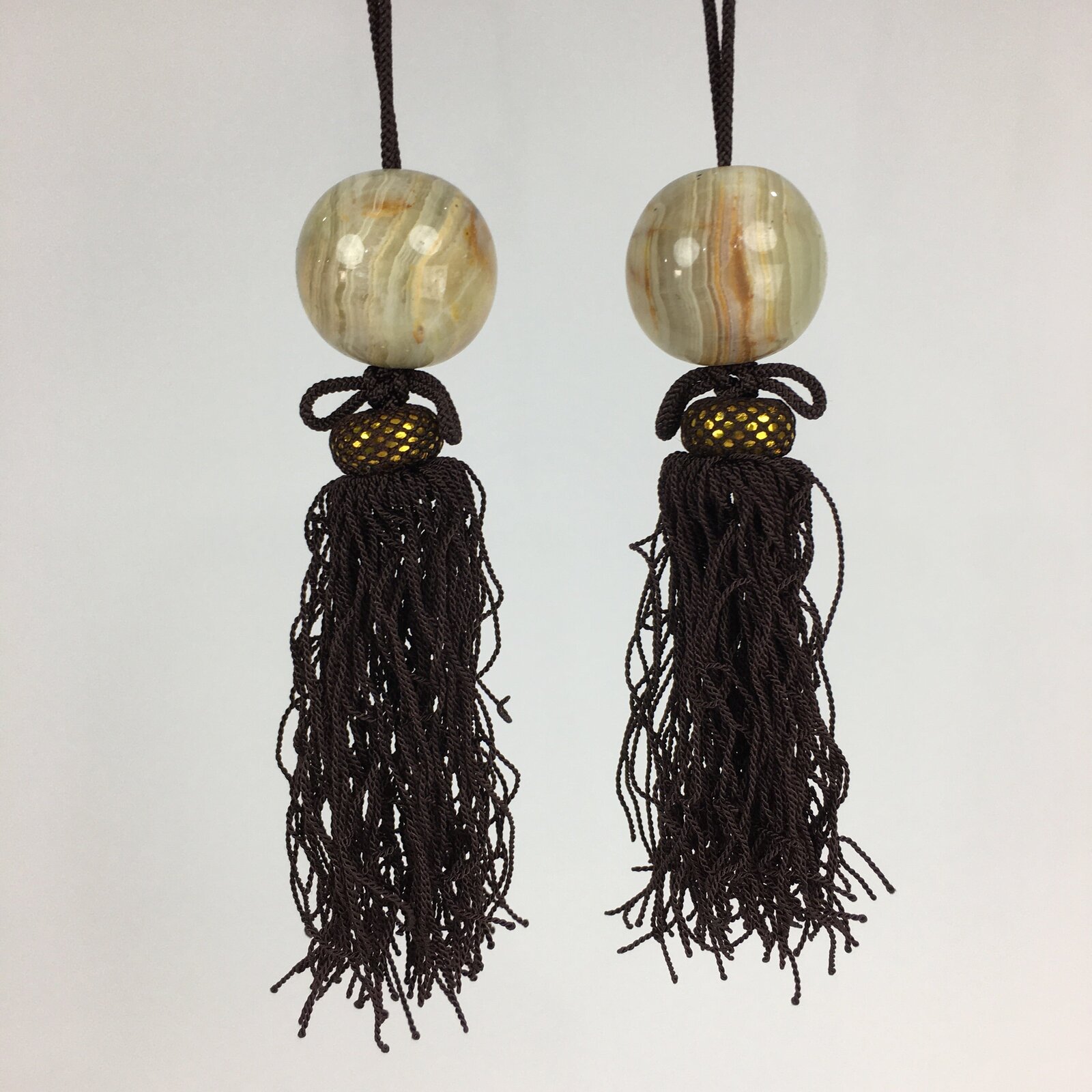 Japanese Hanging Scroll Weights Vtg Fuchin Marble Stone Brown Tassel FC291