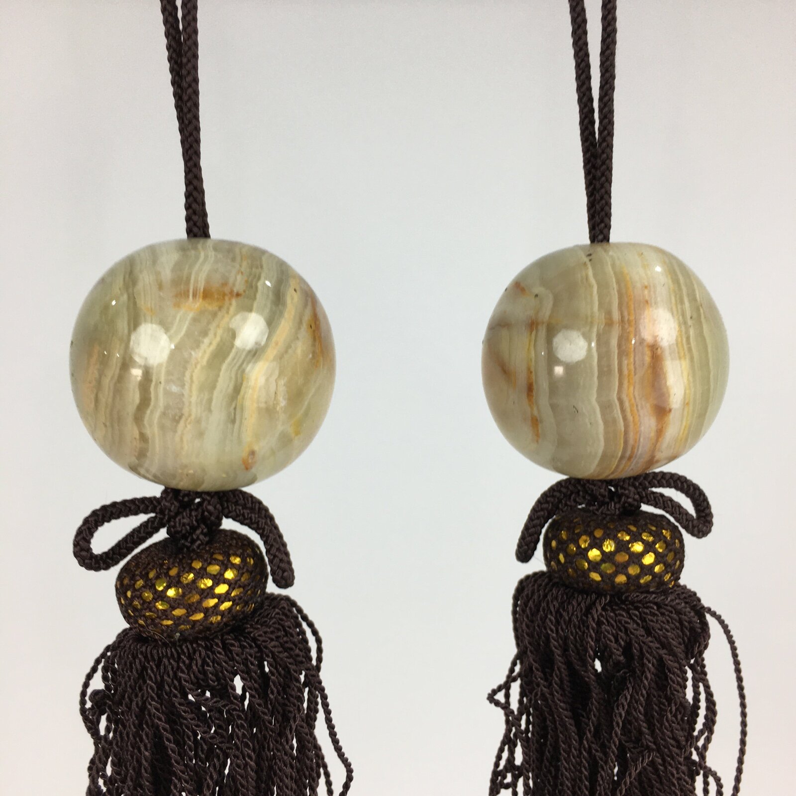 Japanese Hanging Scroll Weights Vtg Fuchin Marble Stone Brown Tassel FC291
