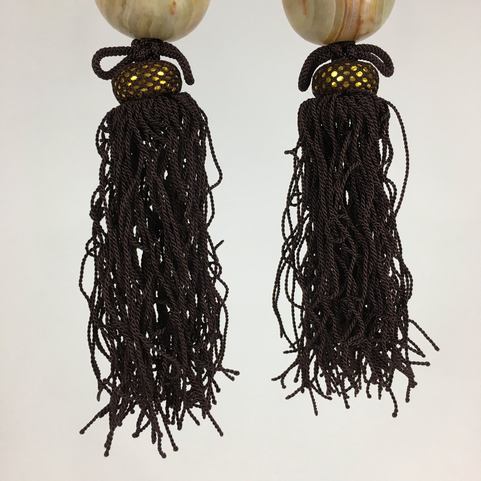 Japanese Hanging Scroll Weights Vtg Fuchin Marble Stone Brown Tassel FC291