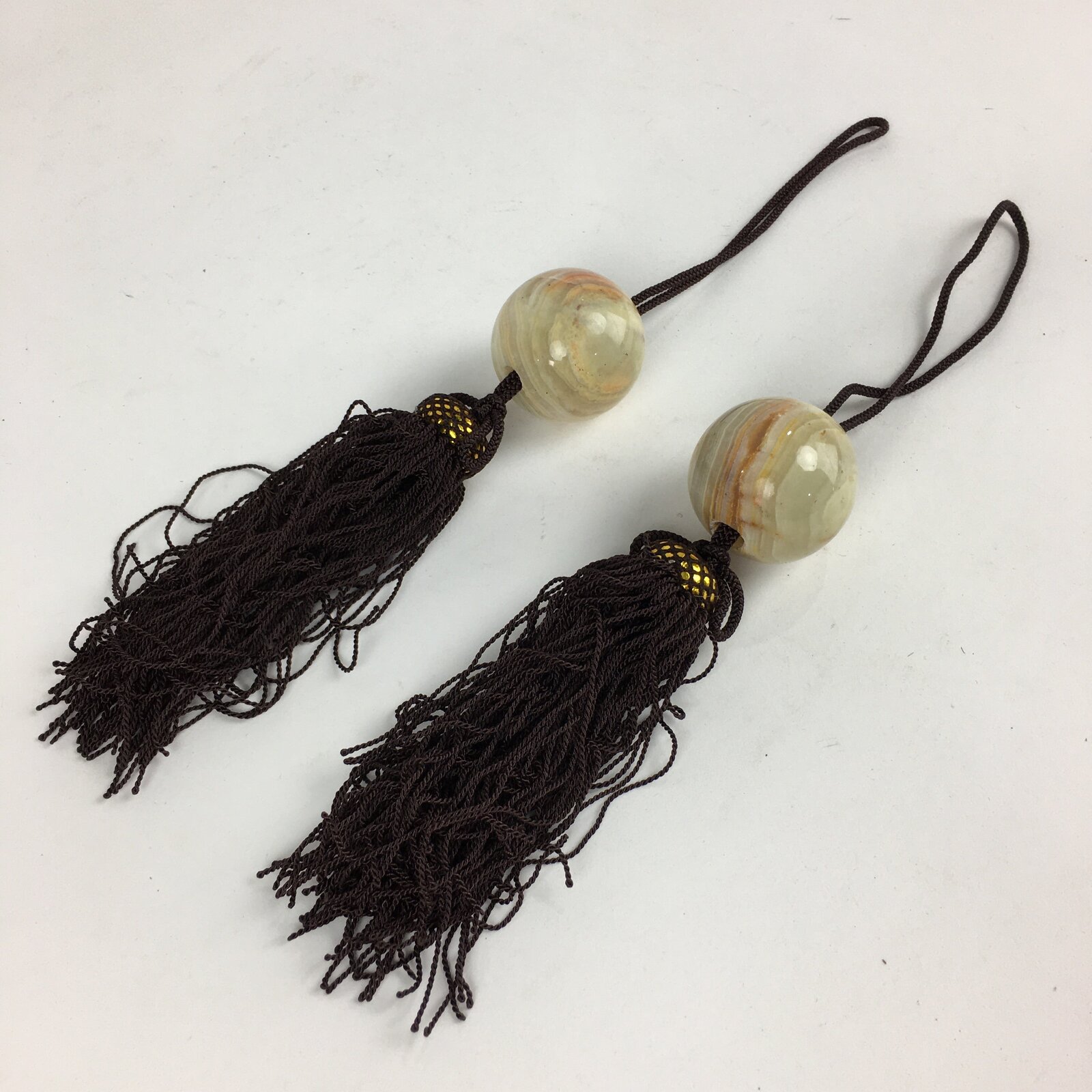 Japanese Hanging Scroll Weights Vtg Fuchin Marble Stone Brown Tassel FC291