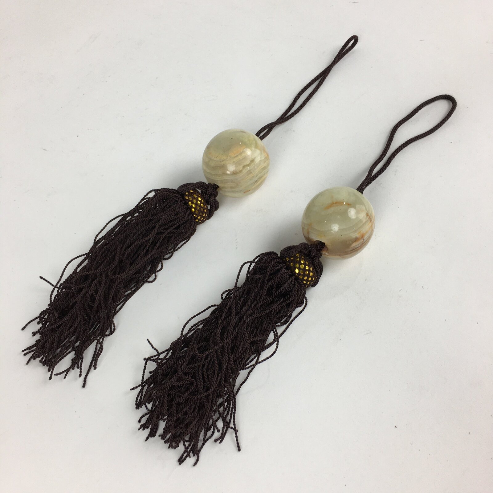 Japanese Hanging Scroll Weights Vtg Fuchin Marble Stone Brown Tassel FC291