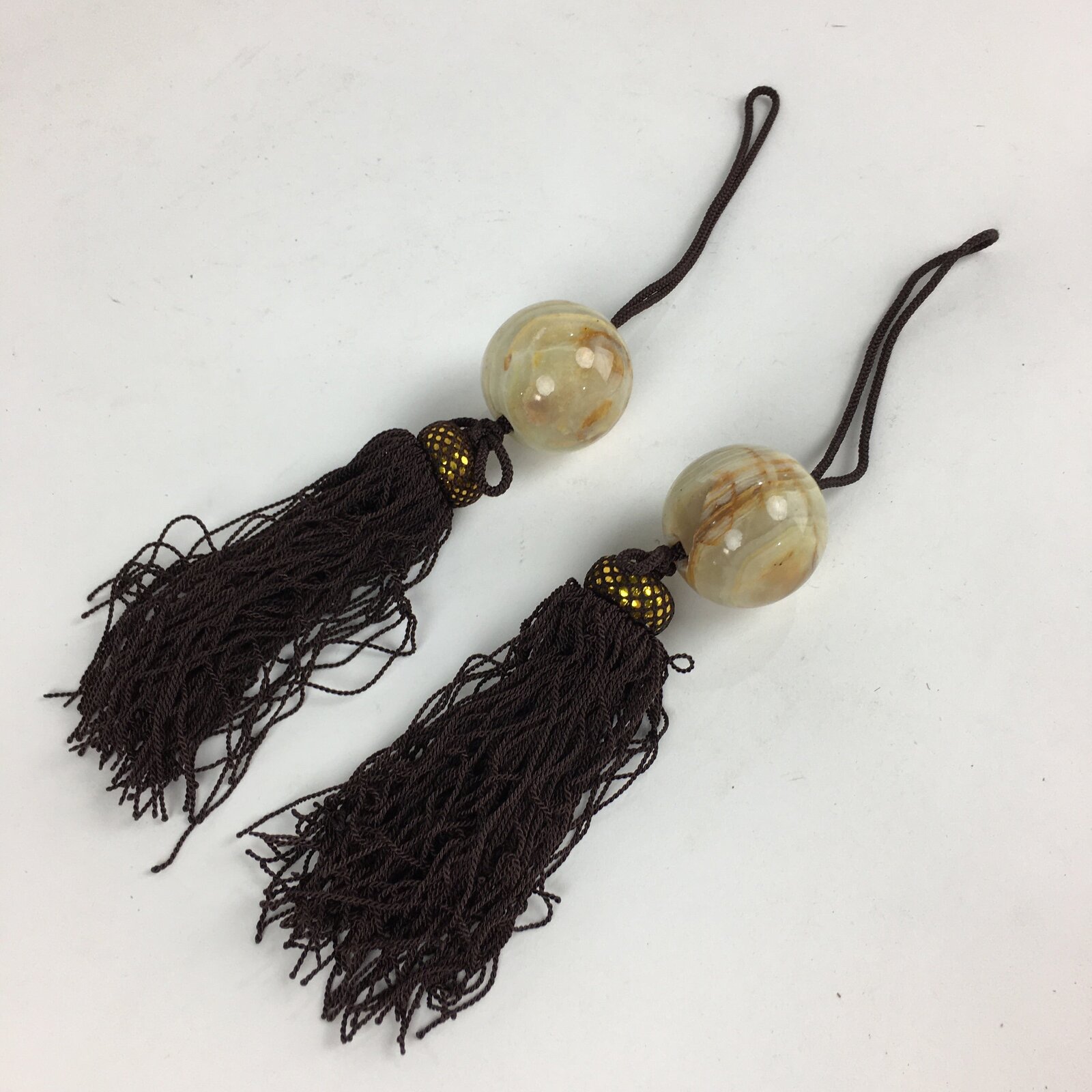 Japanese Hanging Scroll Weights Vtg Fuchin Marble Stone Brown Tassel FC291