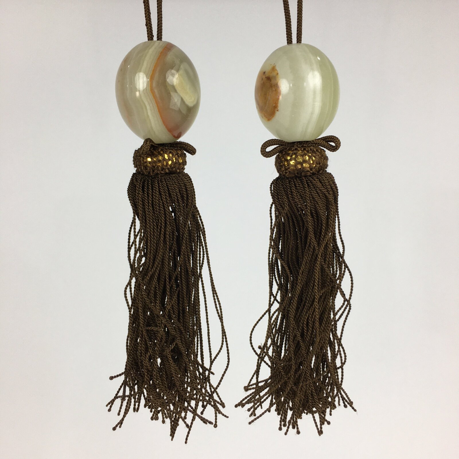 Japanese Hanging Scroll Weights Vtg Fuchin Marble Stone Brown Tassel FC293