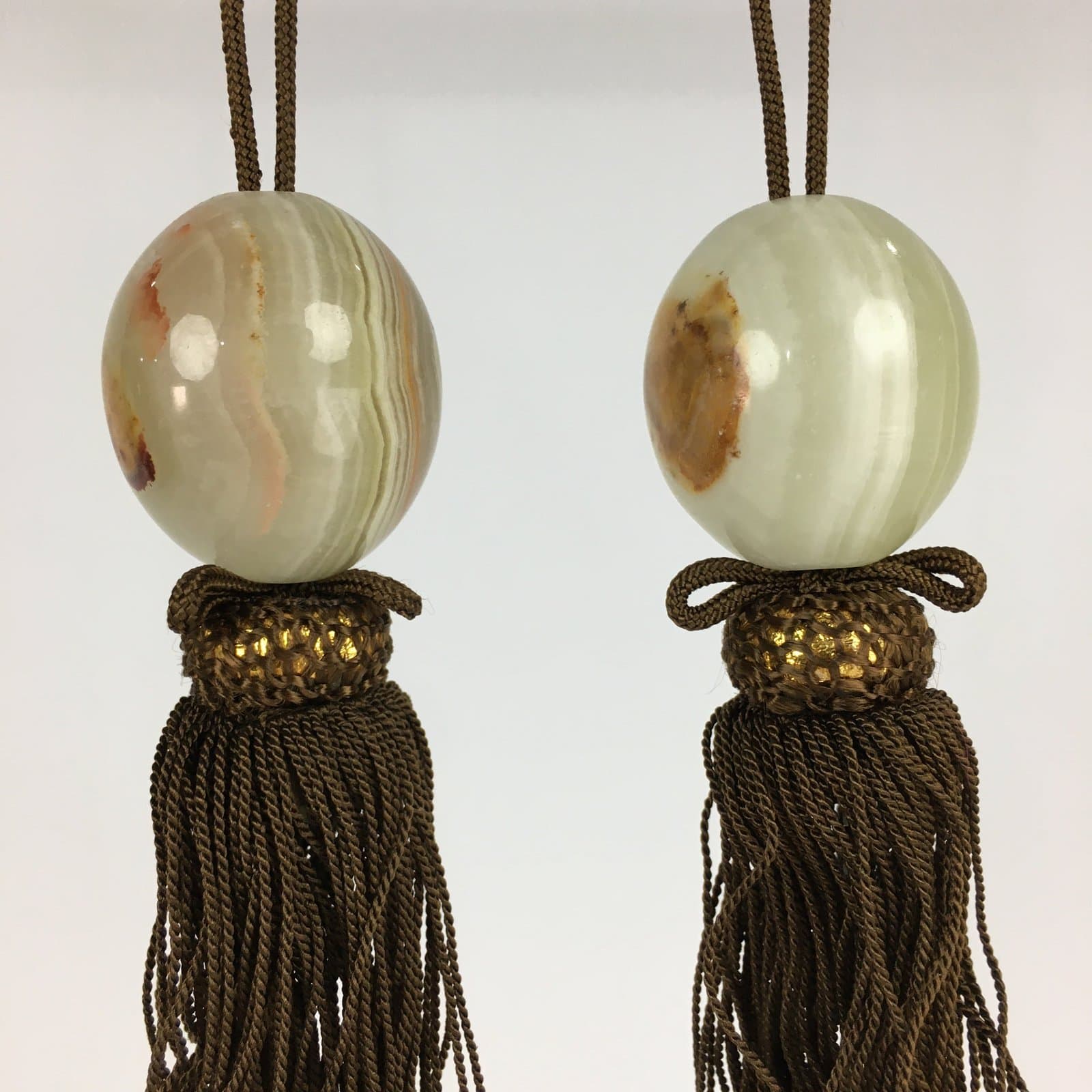 Japanese Hanging Scroll Weights Vtg Fuchin Marble Stone Brown Tassel FC293