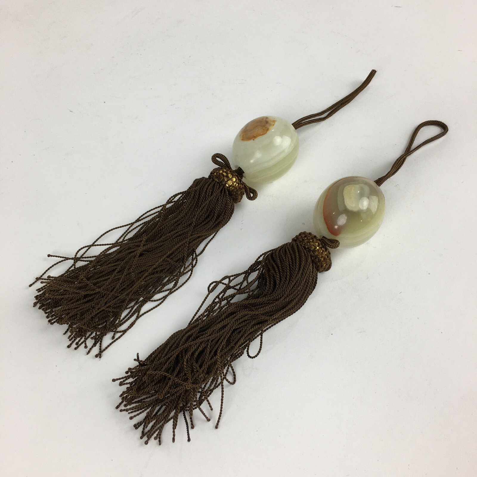 Japanese Hanging Scroll Weights Vtg Fuchin Marble Stone Brown Tassel FC293