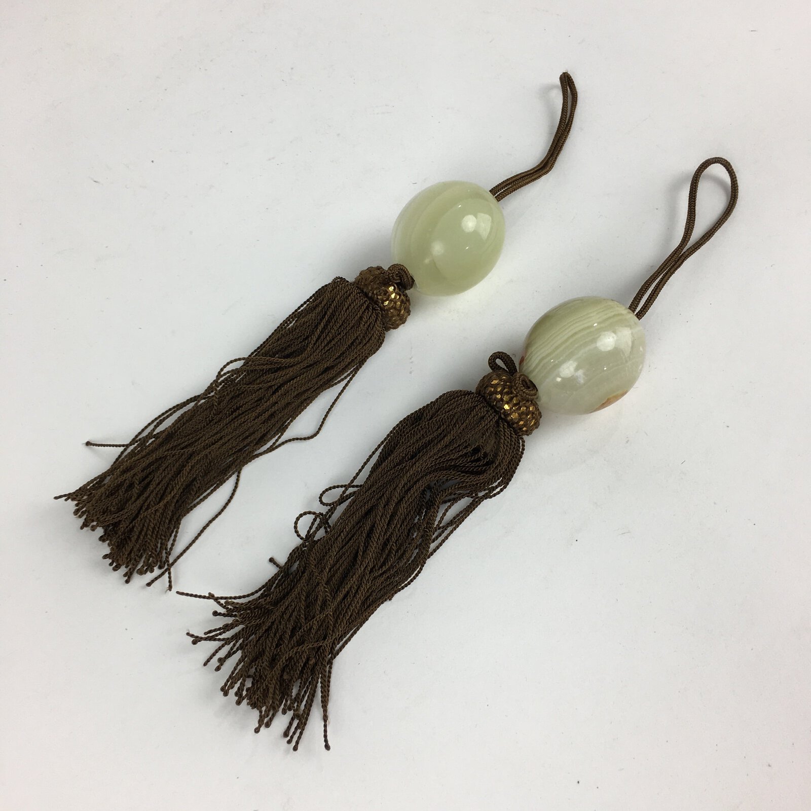 Japanese Hanging Scroll Weights Vtg Fuchin Marble Stone Brown Tassel FC293