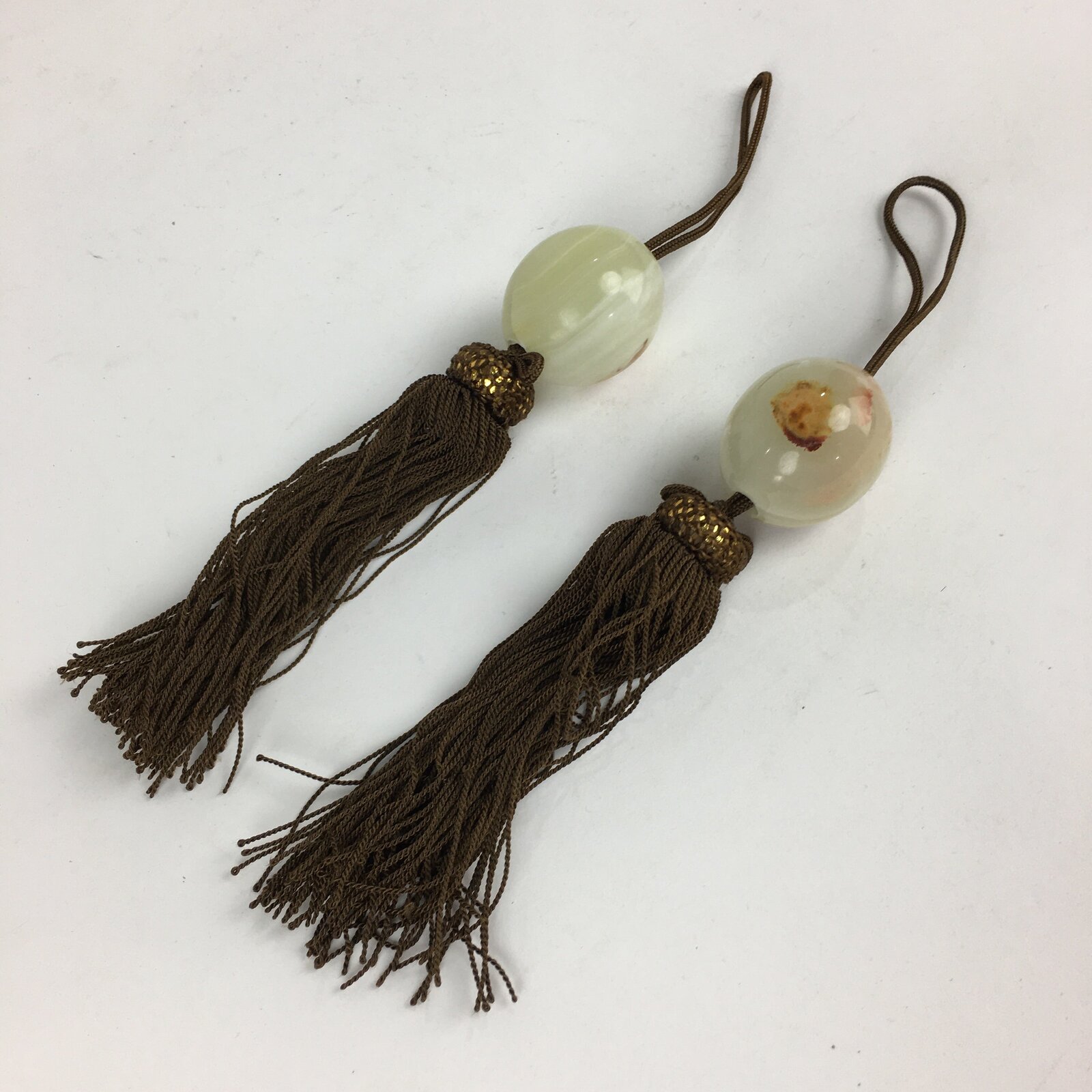 Japanese Hanging Scroll Weights Vtg Fuchin Marble Stone Brown Tassel FC293