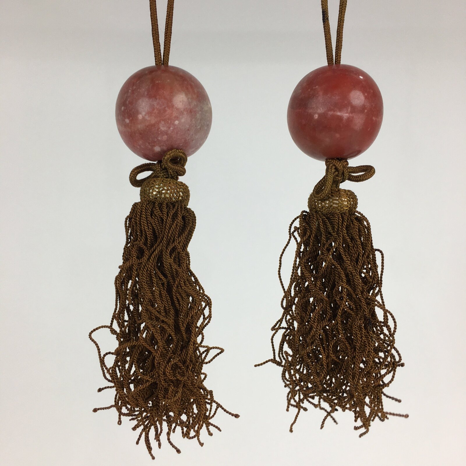 Japanese Hanging Scroll Weights Vtg Fuchin Marble Stone Brown Tassel FC296