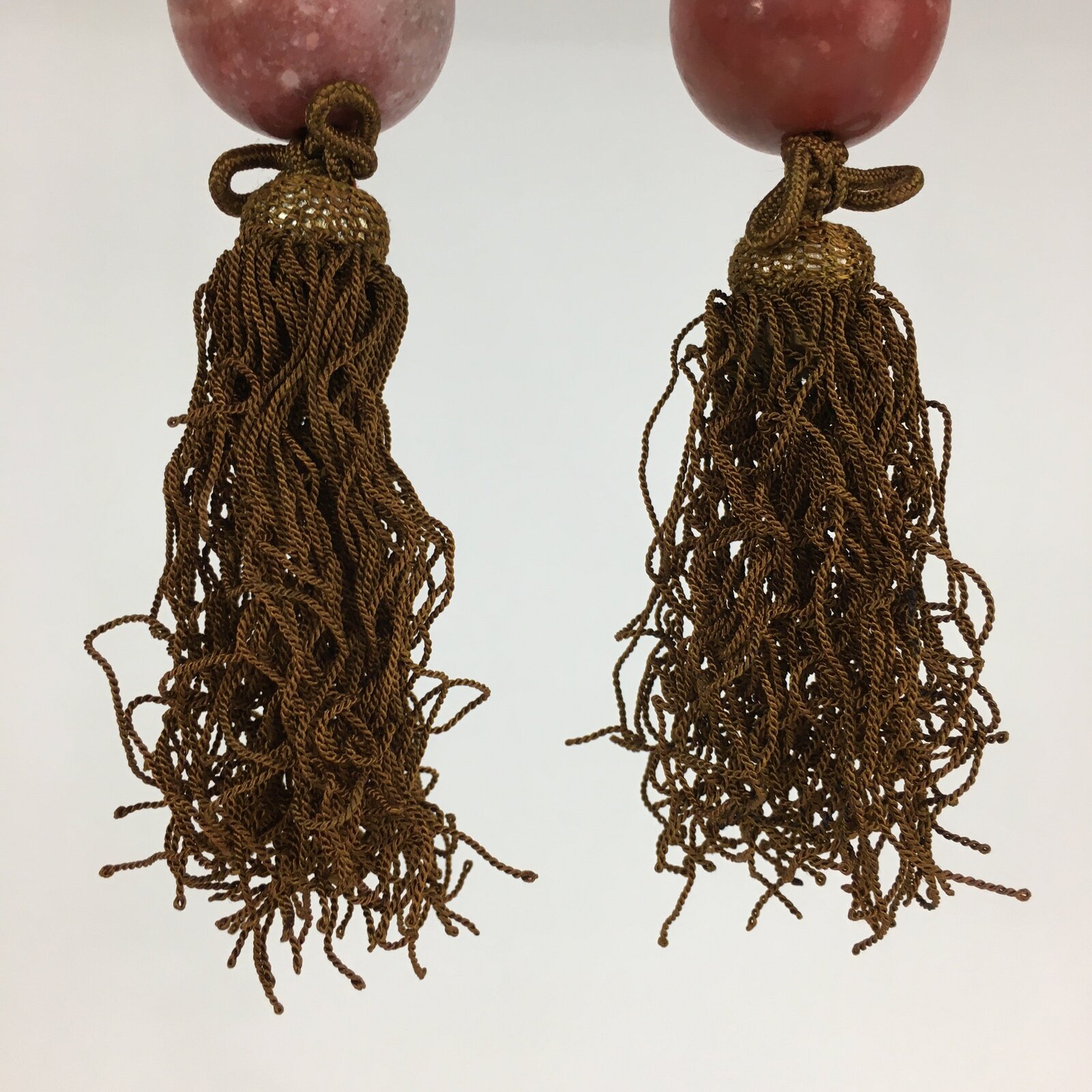 Japanese Hanging Scroll Weights Vtg Fuchin Marble Stone Brown Tassel FC296