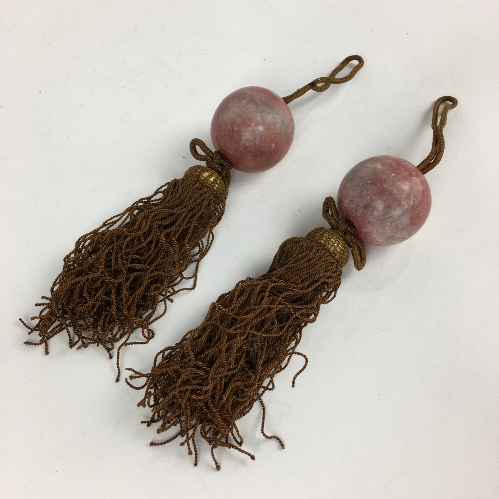 Japanese Hanging Scroll Weights Vtg Fuchin Marble Stone Brown Tassel FC296