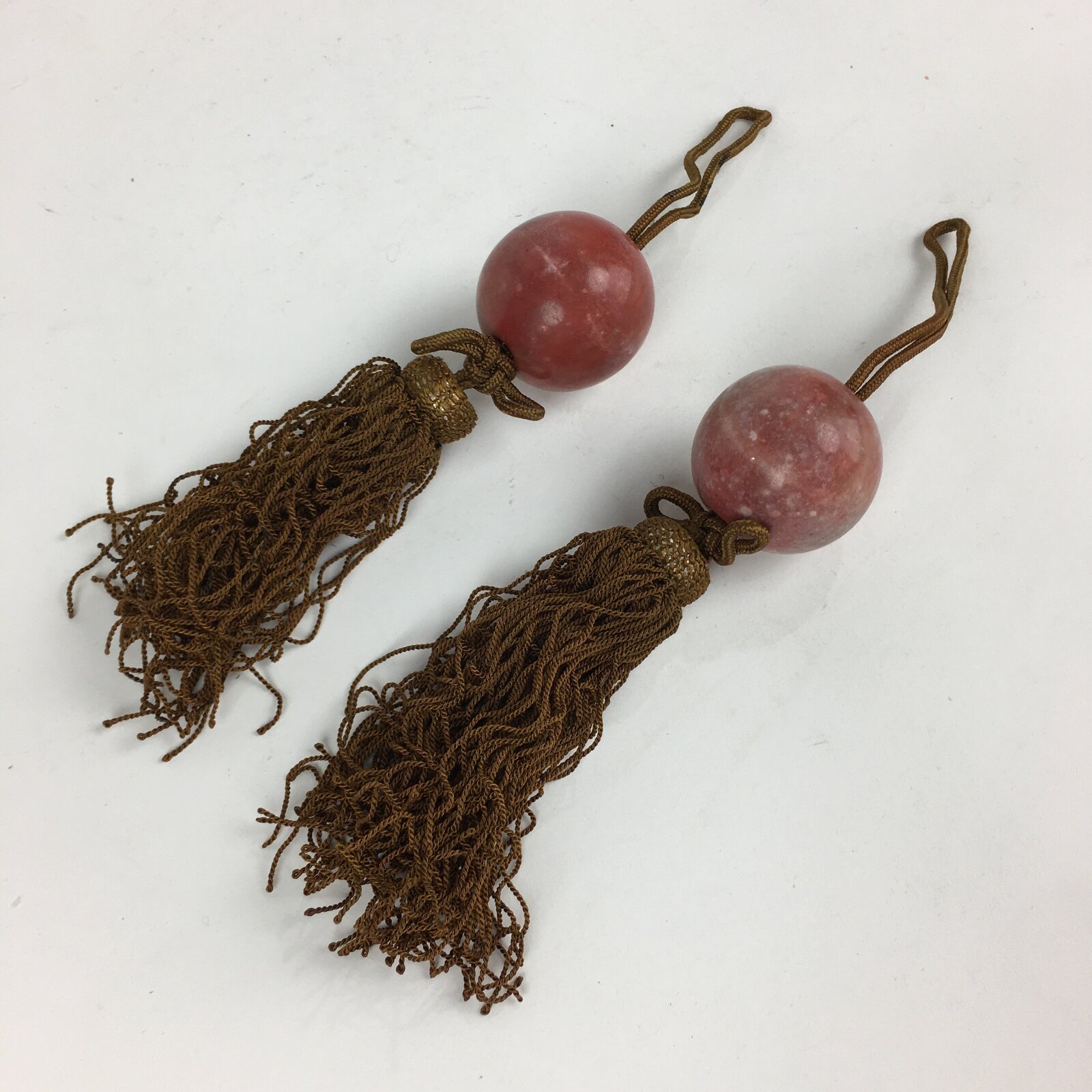 Japanese Hanging Scroll Weights Vtg Fuchin Marble Stone Brown Tassel FC296