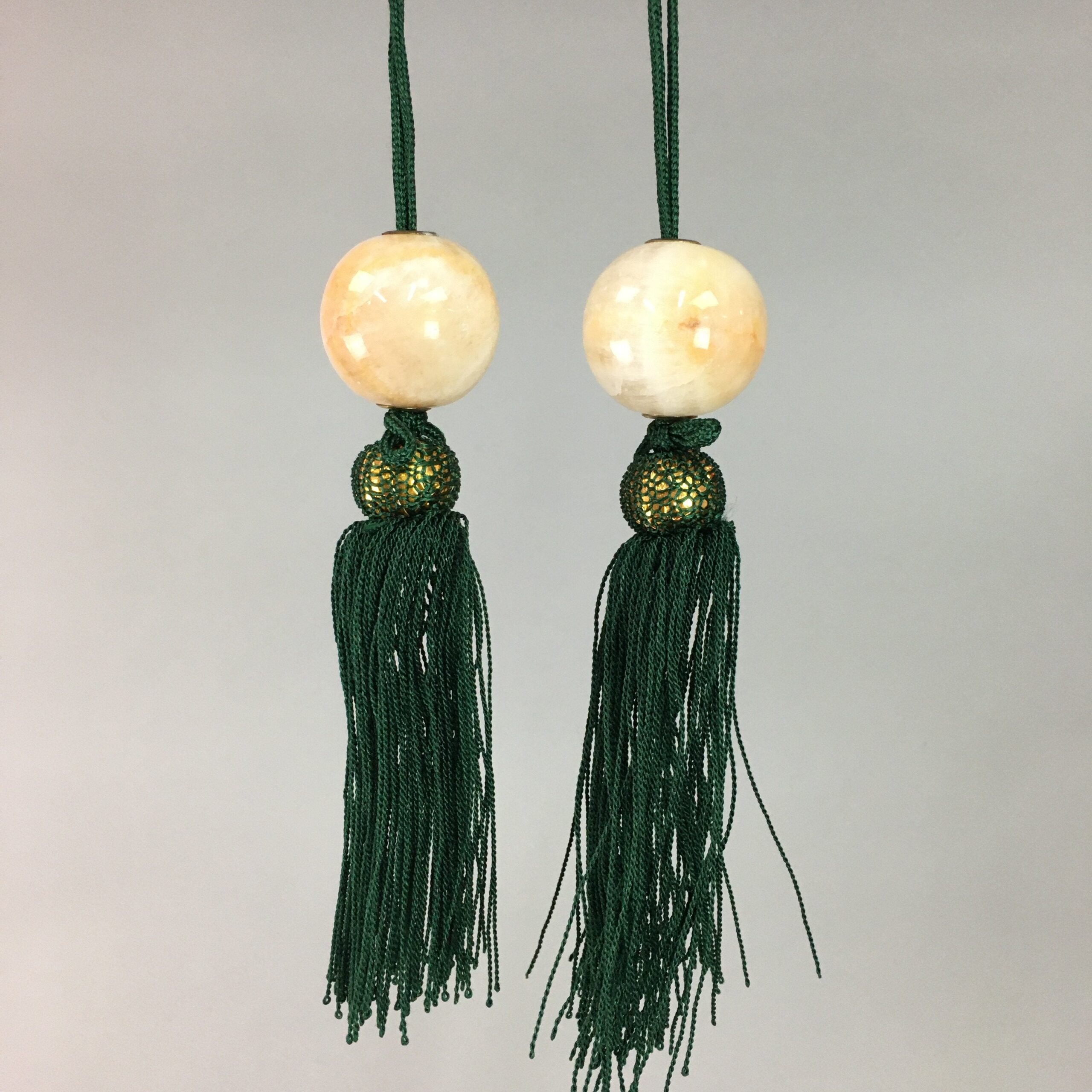 Japanese Hanging Scroll Weights Vtg Fuchin Marble Stone Green Tassel FC222