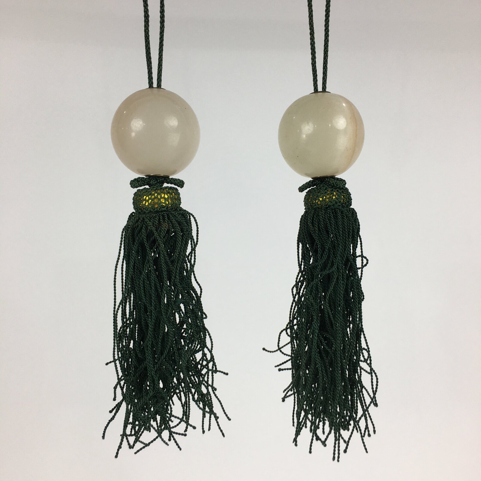 Japanese Hanging Scroll Weights Vtg Fuchin Marble Stone Green Tassel FC290