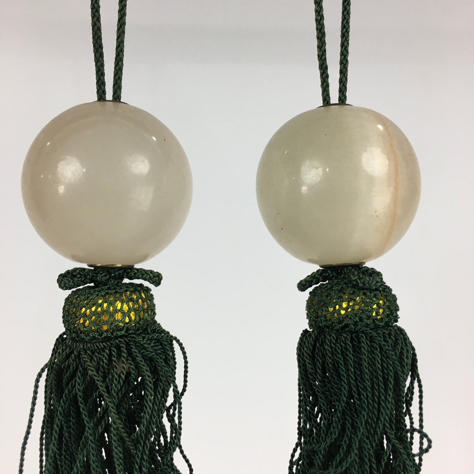 Japanese Hanging Scroll Weights Vtg Fuchin Marble Stone Green Tassel FC290