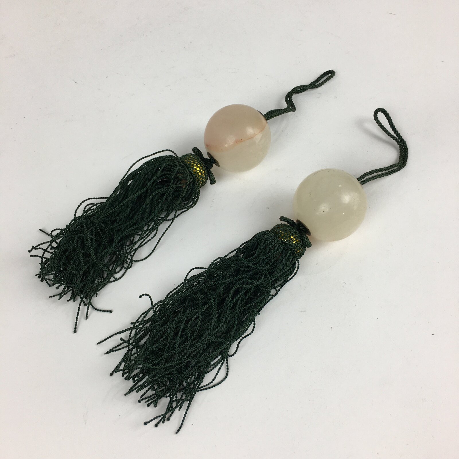 Japanese Hanging Scroll Weights Vtg Fuchin Marble Stone Green Tassel FC290