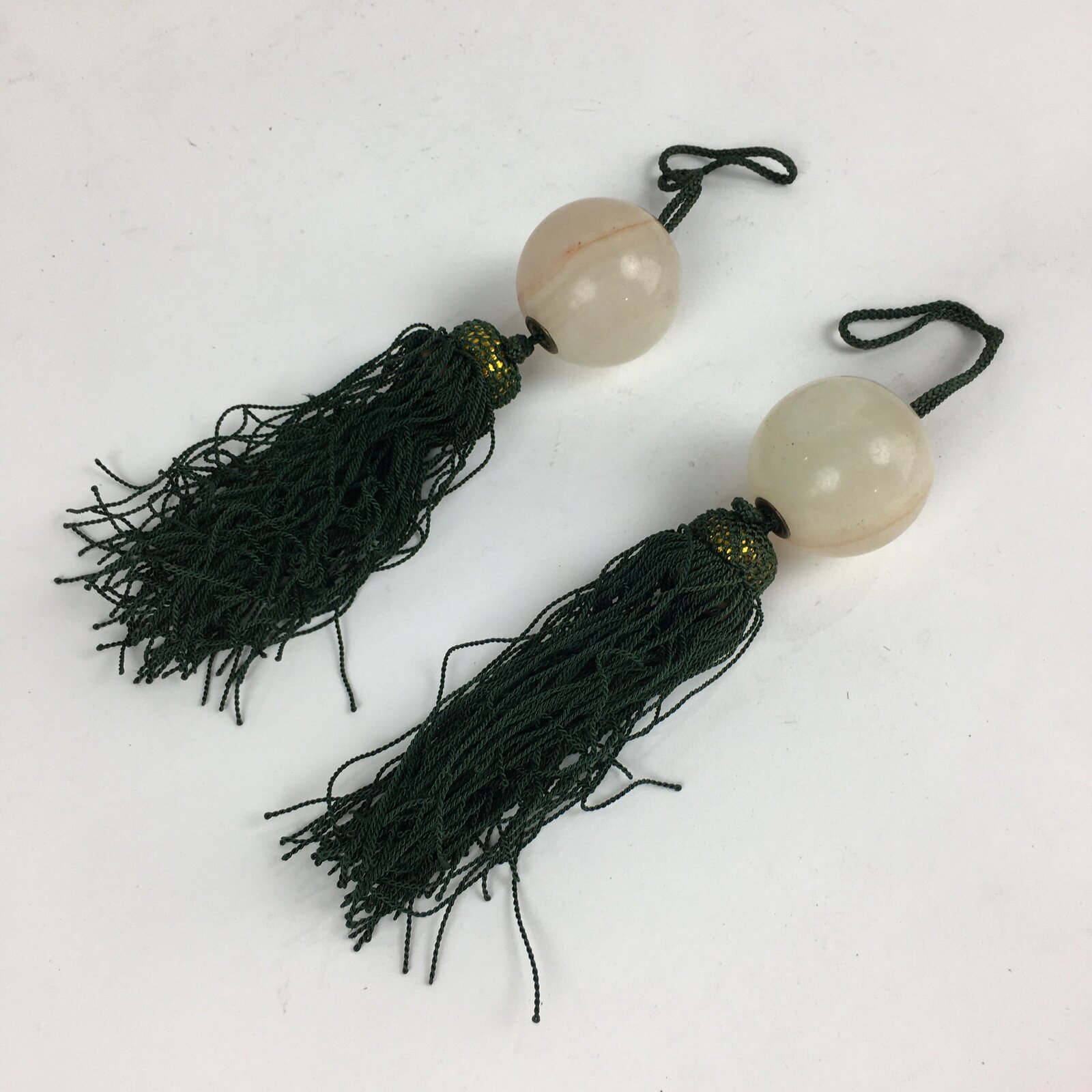 Japanese Hanging Scroll Weights Vtg Fuchin Marble Stone Green Tassel FC290