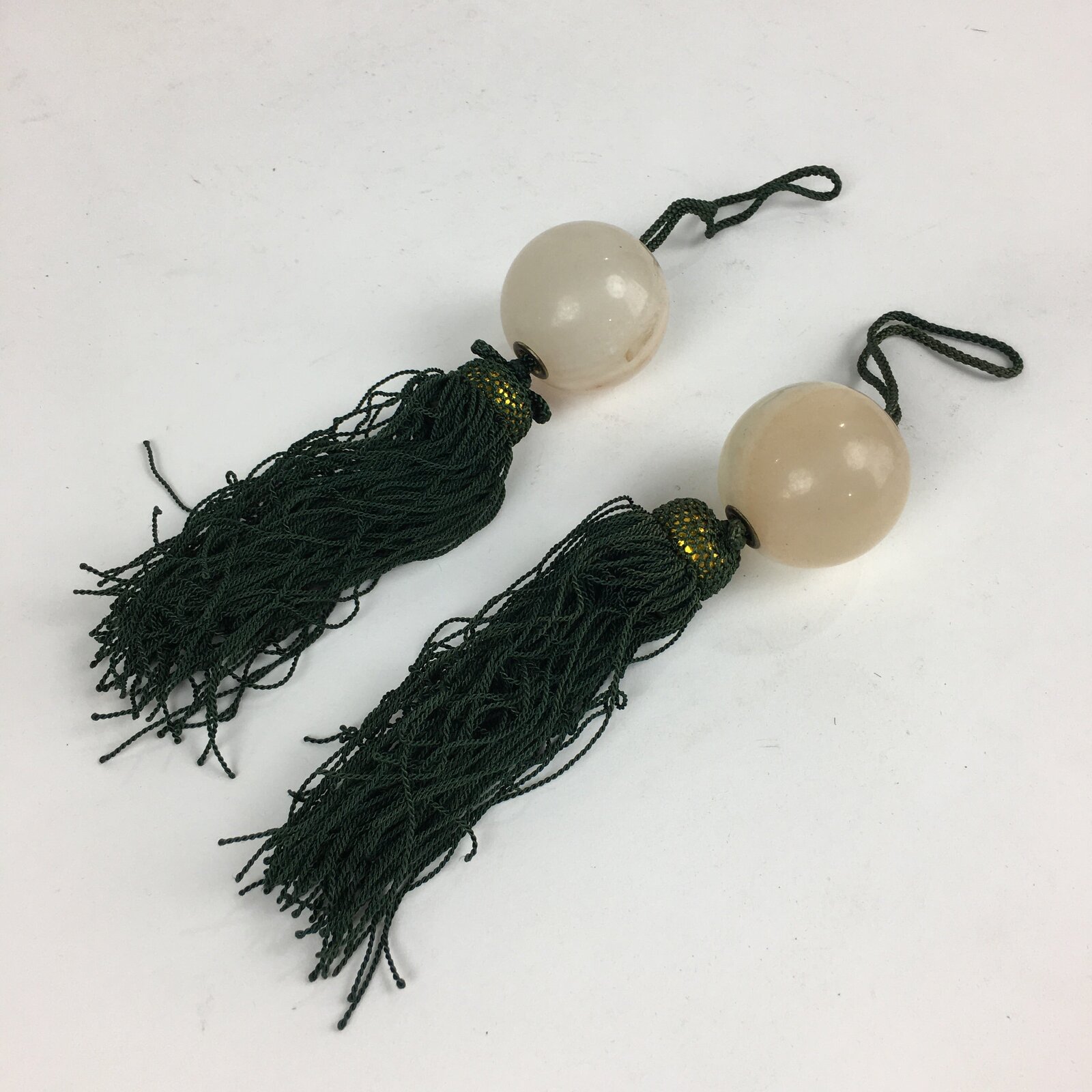 Japanese Hanging Scroll Weights Vtg Fuchin Marble Stone Green Tassel FC290