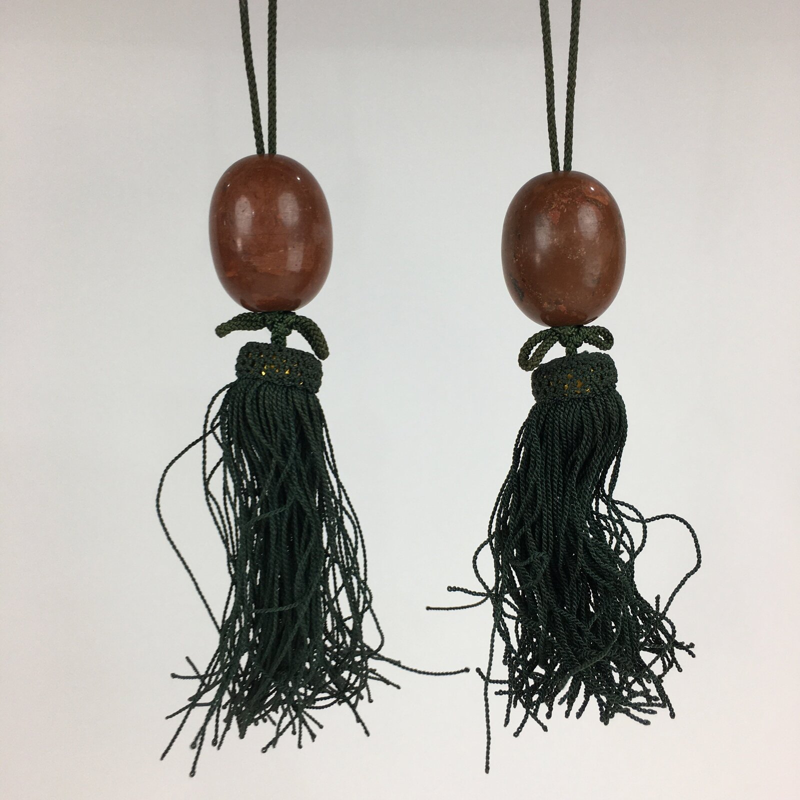 Japanese Hanging Scroll Weights Vtg Fuchin Marble Stone Green Tassel FC292