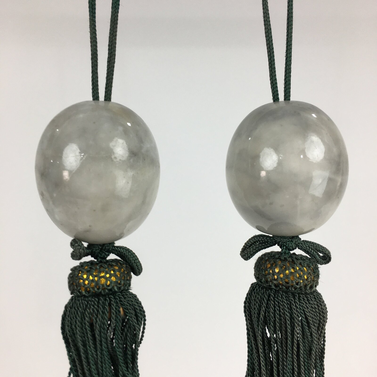 Japanese Hanging Scroll Weights Vtg Fuchin Marble Stone Green Tassel FC294