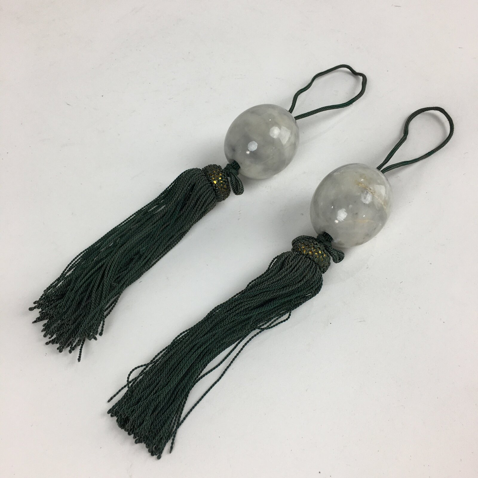 Japanese Hanging Scroll Weights Vtg Fuchin Marble Stone Green Tassel FC294