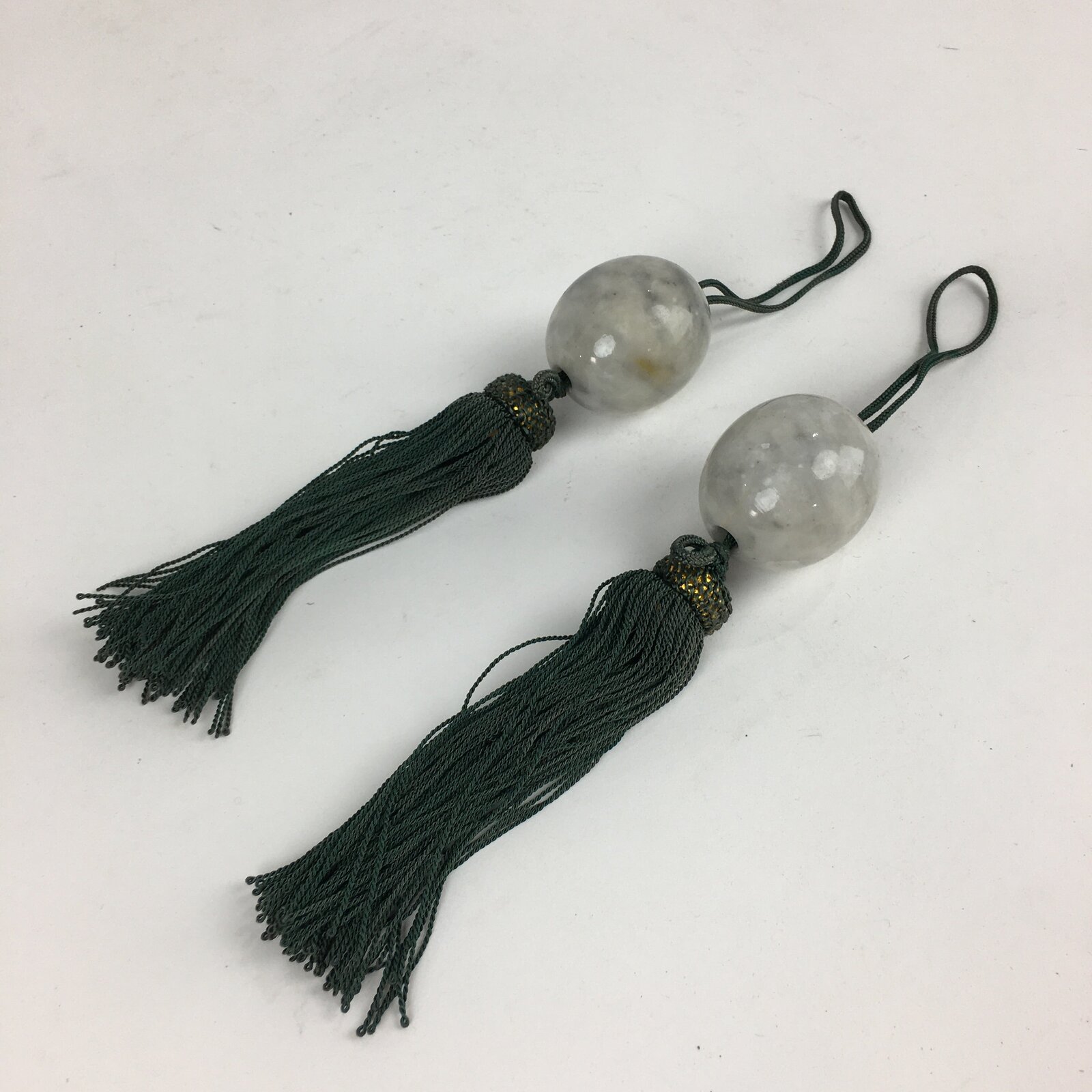 Japanese Hanging Scroll Weights Vtg Fuchin Marble Stone Green Tassel FC294