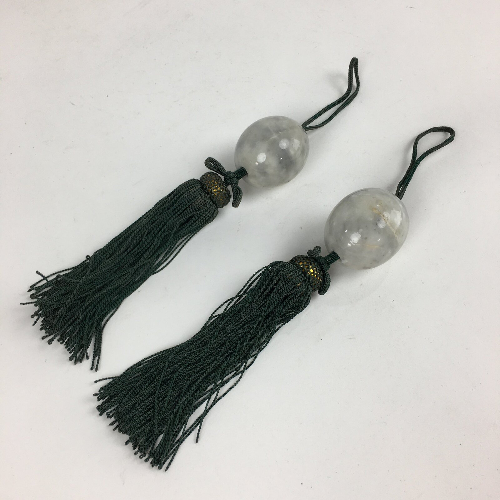 Japanese Hanging Scroll Weights Vtg Fuchin Marble Stone Green Tassel FC294