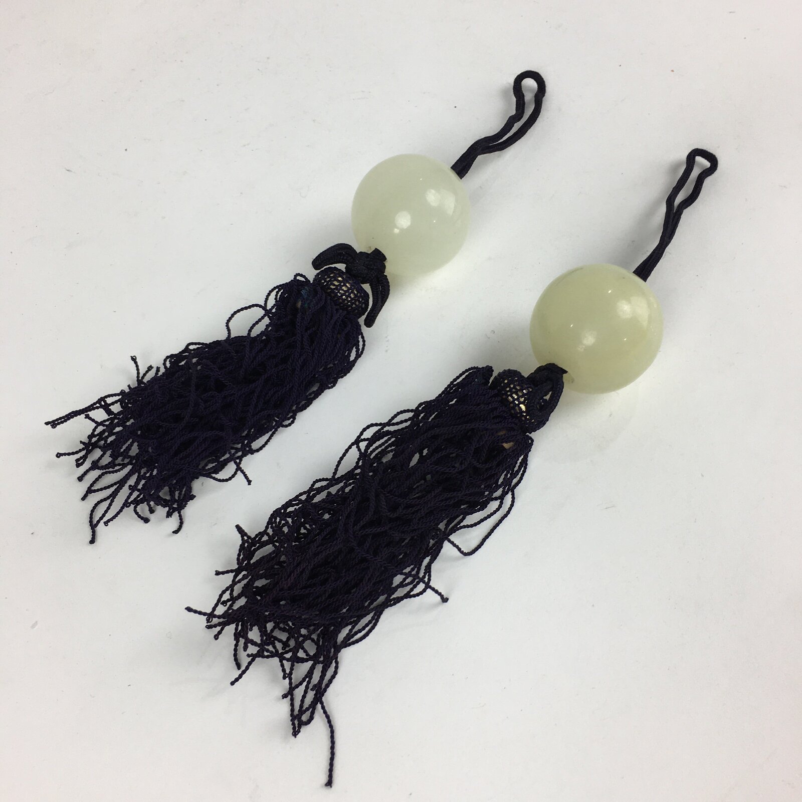 Japanese Hanging Scroll Weights Vtg Fuchin Marble Stone Purple Tassel FC295