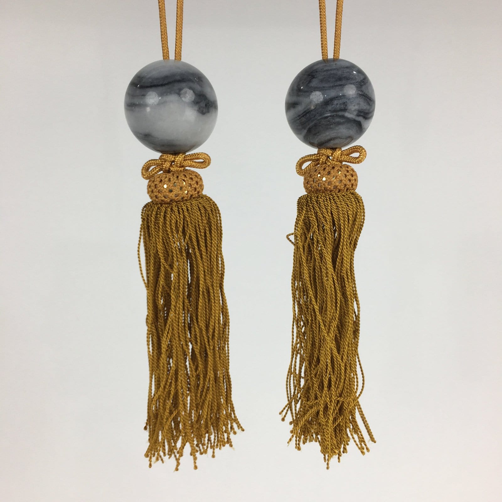 Japanese Hanging Scroll Weights Vtg Fuchin Marble Stone Yellow Tassel FC289