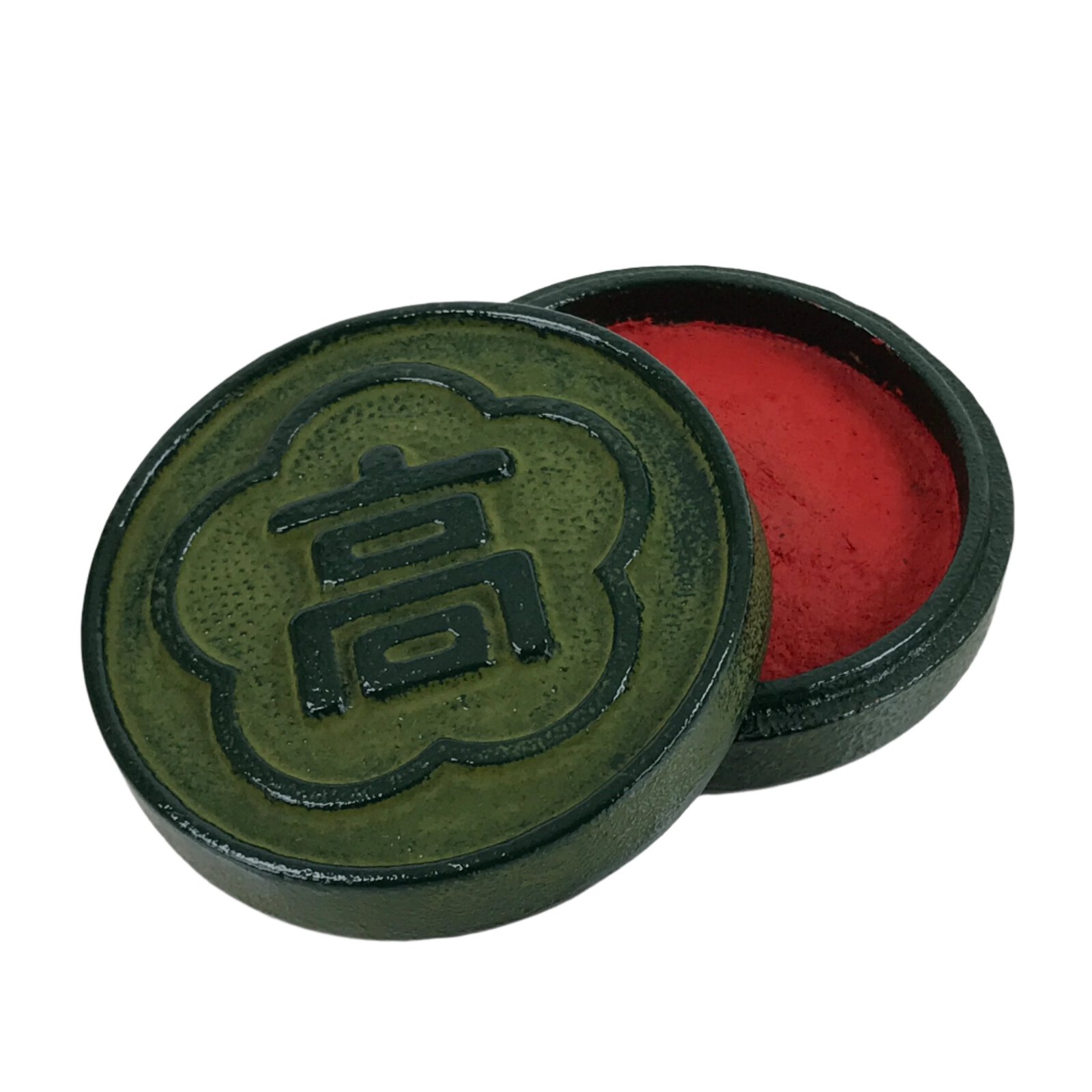 Japanese Hanko Ink pad Metal Case Iron Green Vtg Red Shuniku Wooden Box SZ59