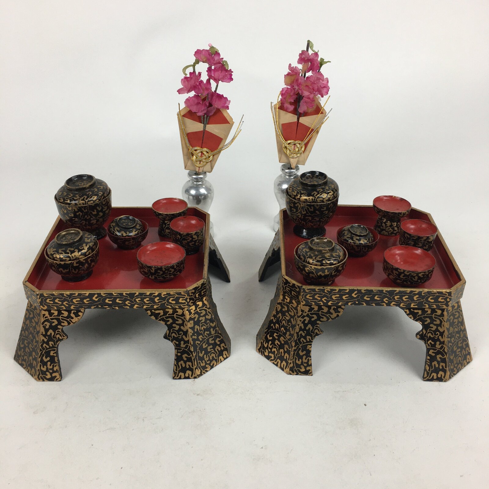 Japanese Hina Doll Tray And Bowls Flower Stand 2Pair Set Vtg Wood Miniature ID40