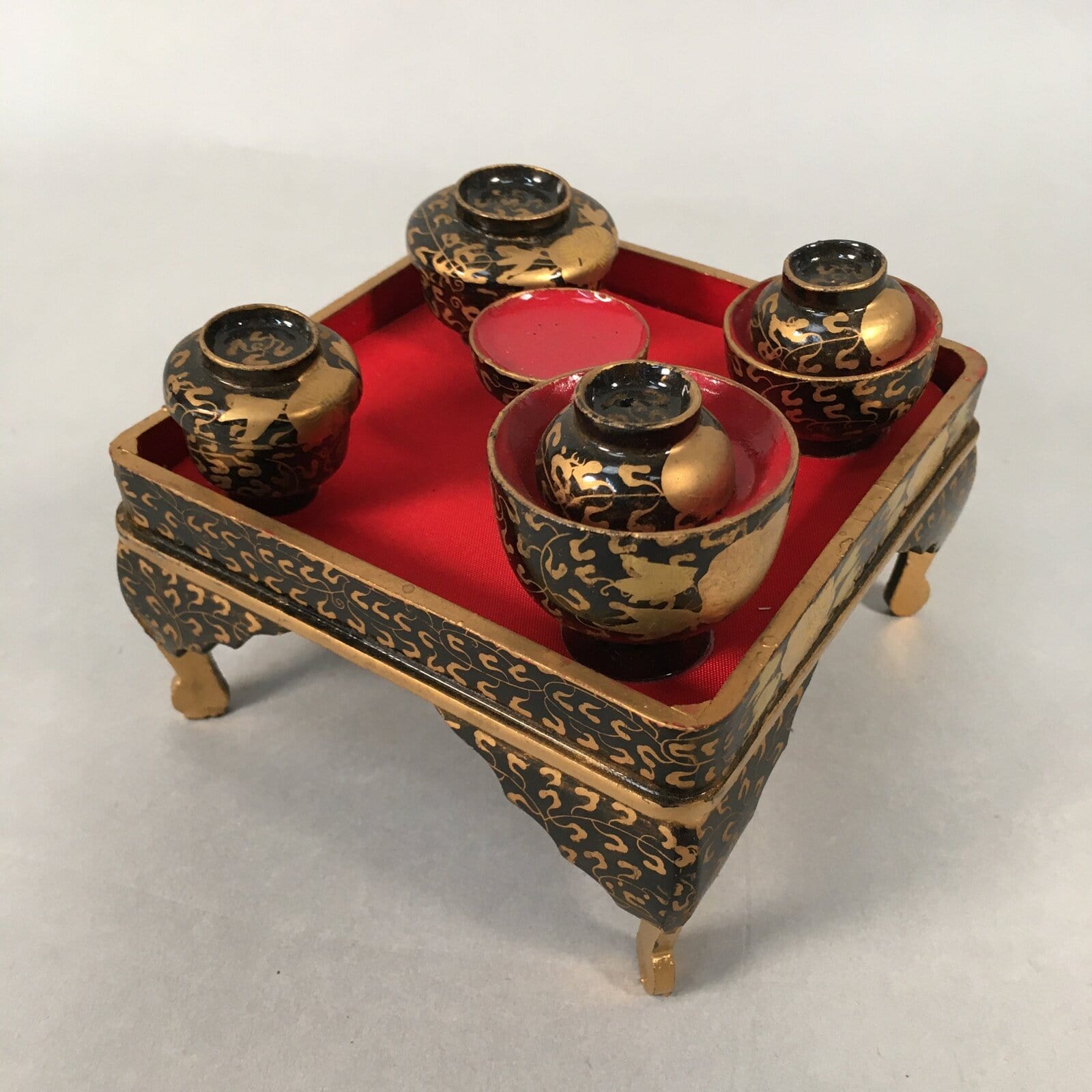 Japanese Hina Doll Tray Bowl Set Vtg Lacquer Gold Makie Wood Miniature ID362