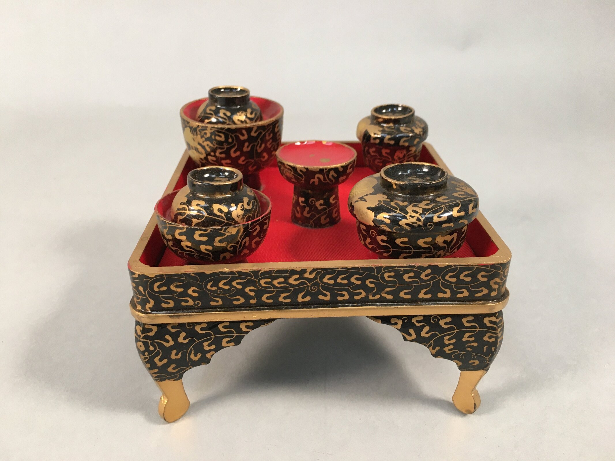 Japanese Hina Doll Tray Bowl Set Vtg Lacquer Gold Makie Wood Miniature ID363