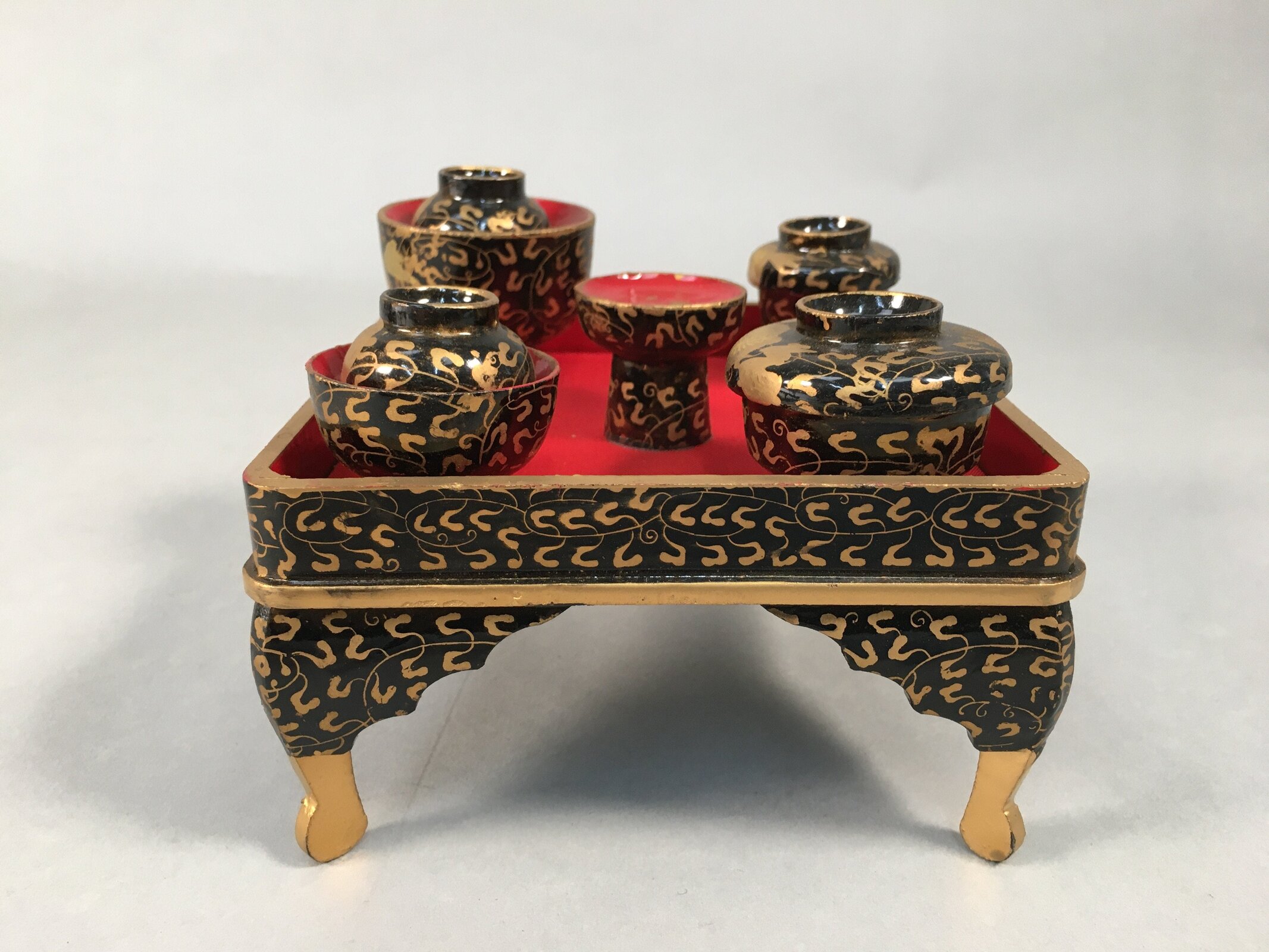 Japanese Hina Doll Tray Bowl Set Vtg Lacquer Gold Makie Wood Miniature ID363