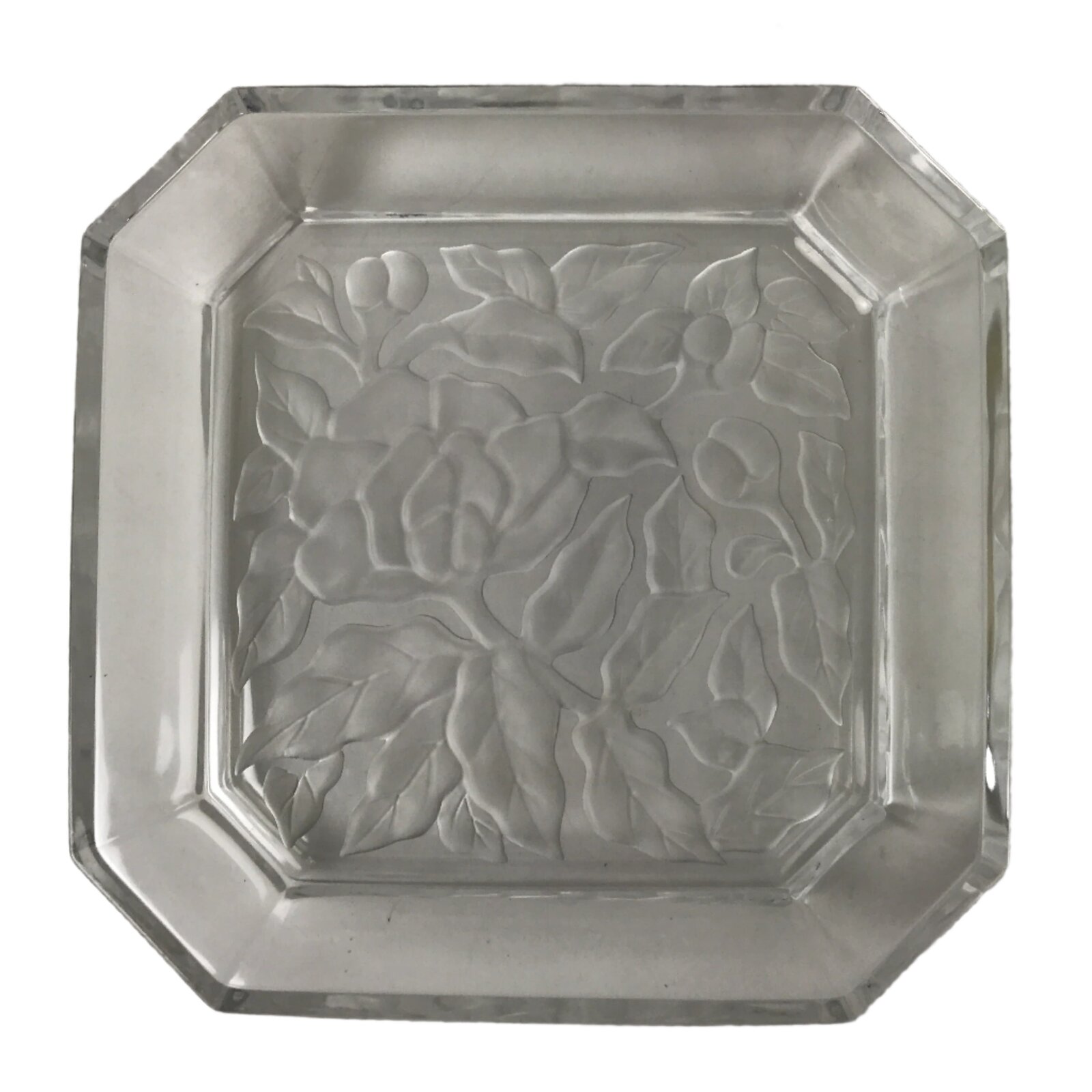 Japanese Hoya Glass Serving Dish Vtg Square Clear White Flowers Y250