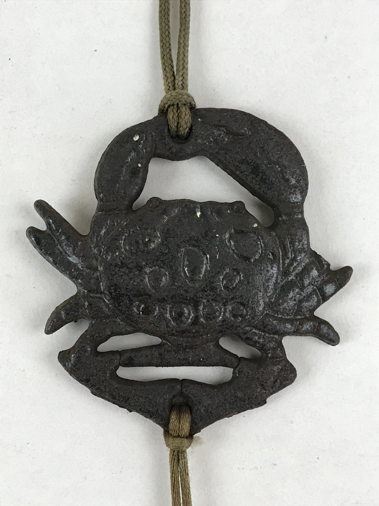 Japanese Iron Furin Wind Chime Tetsurin Vtg Crab Brown String Paper DR489