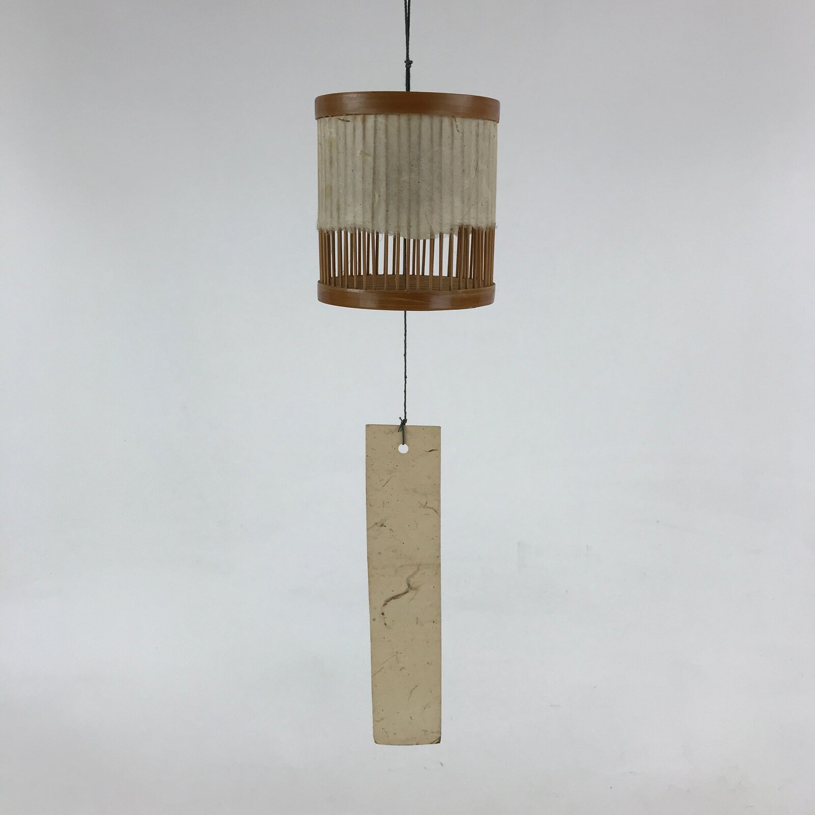 Japanese Iron Furin Wind Chime Vtg Bamboo Shade Brown Green Paper DR490